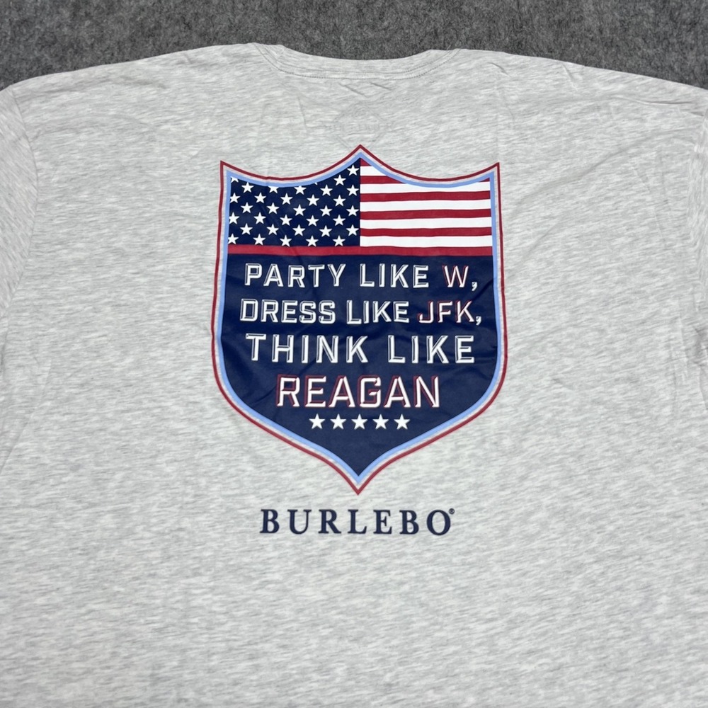 Burlebo Shirt Mens 2XL Gray Party Like W Reagan JFK Flag Pocket Tee USA NEW+.,